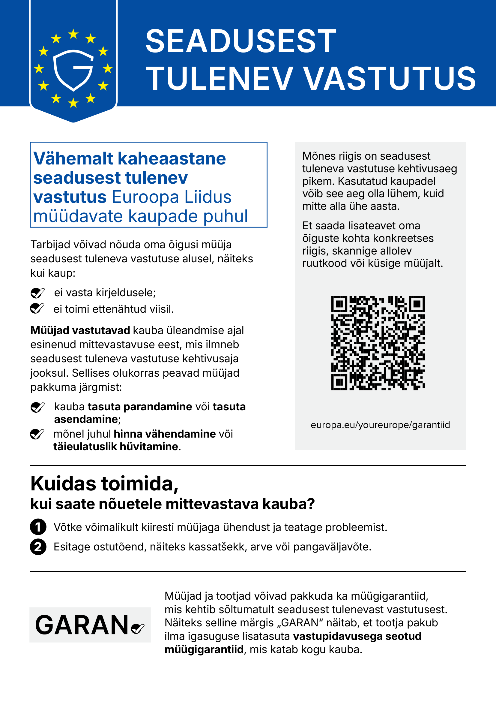 Teade seaduslikust kaheaastasest vastavuse garantiist ELis